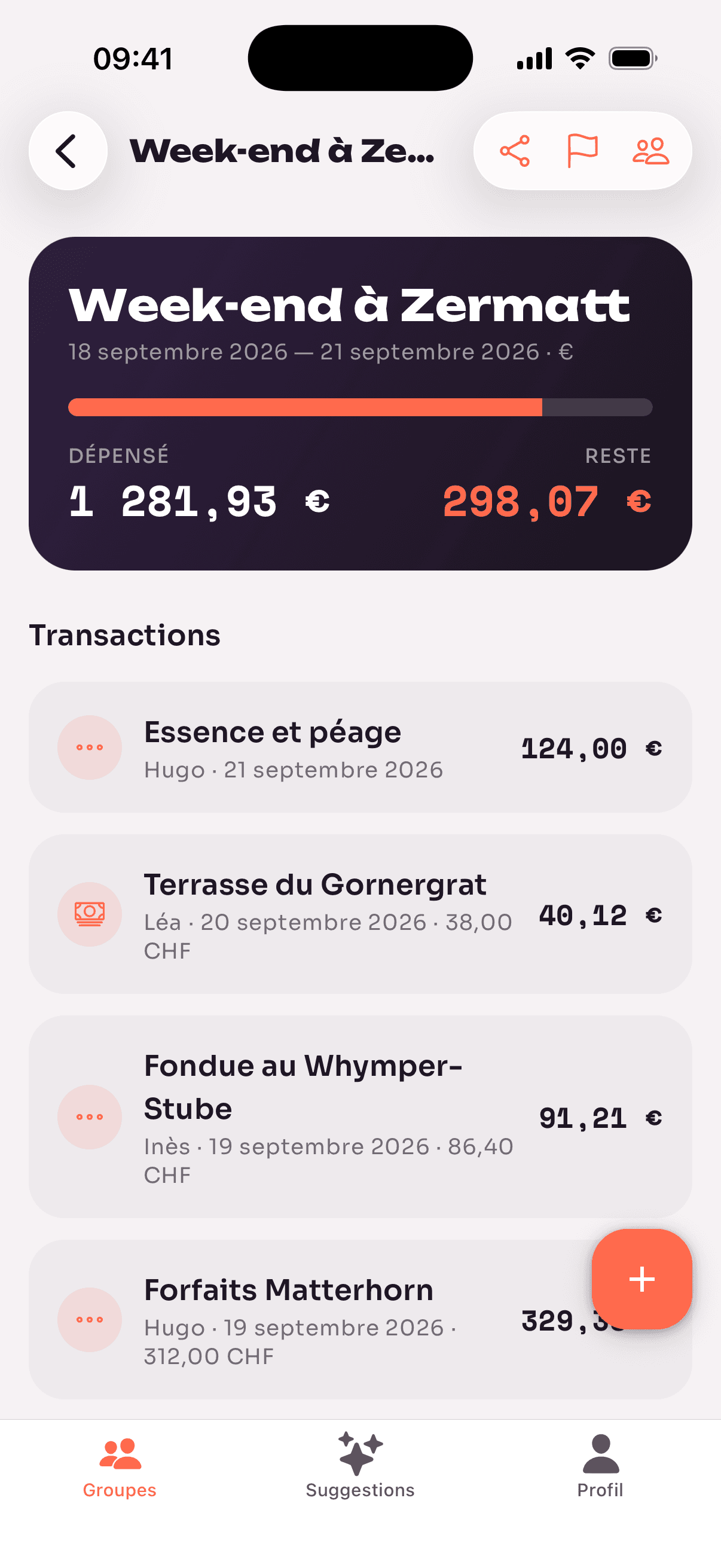 L'écran d'un groupe dans Mimi, avec le budget et les dépenses