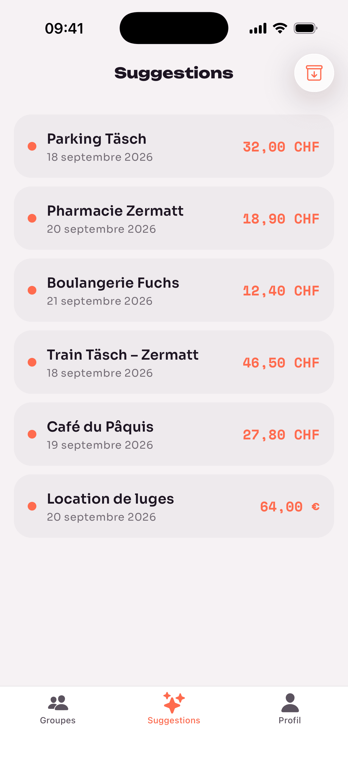 Les dépenses détectées dans une capture d'écran, proposées dans Suggestions